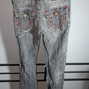True Religion Grey Skinny Jeans with Red Pocket Stitching